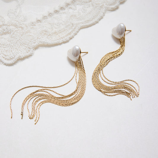 Позлатени дамски обеци Marivelle със сърцевидна перла и дълги златни вериги